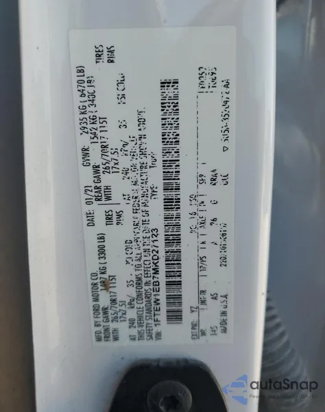 2021 Ford F150 Supercrew z USA, uszkodzony, nr VIN 1FTEW1EB7MKD27123